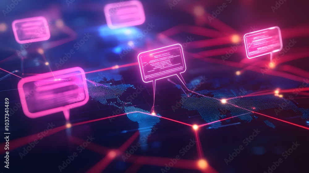 Poster The image features a digital network with glowing message bubbles over a world map, symbolizing global communication and connectivity.