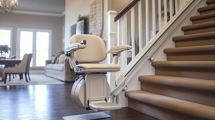 A stair lift installed in a modern home, blending seamlessly with the interior design while providing mobility support.