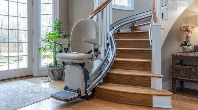 A stair lift on a modern spiral staircase, showcasing its versatility in different home designs.