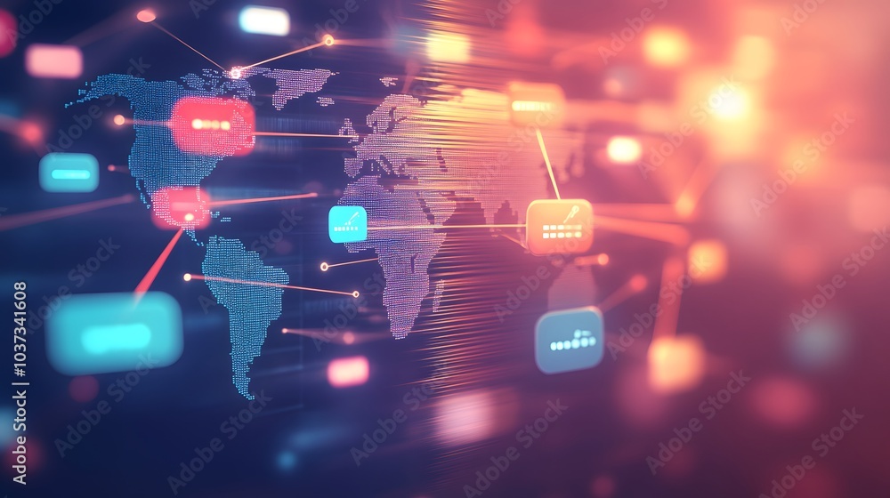 Aufkleber A colorful digital world map with interconnected nodes and icons, representing global communication and data exchange.