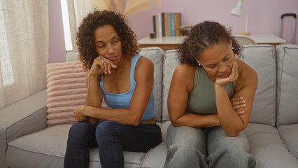 Two women sitting thoughtfully together on a couch in a cozy living room, highlighting their friendship, family bond, and the warmth of a home environment.