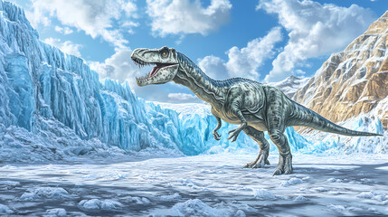 Fototapeta premium Forced perspective of frozen dinosaur with ice age glacier in background. Frozen Glacier. Illustration