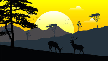 Beautiful natural scenery with tree silhouettes and wild deer, nature concept