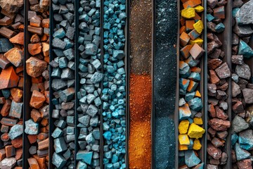 A vibrant display of colorful stones and minerals arranged in neat patterns at a natural history exhibition, showcasing geological diversity