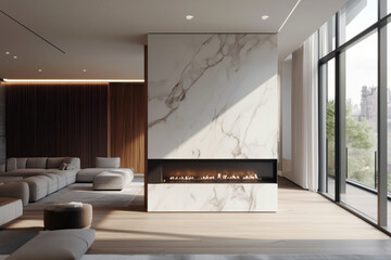 Vertical linear fireplace with a sleek marble finish in a minimalist apartment, accentuated by natural light.