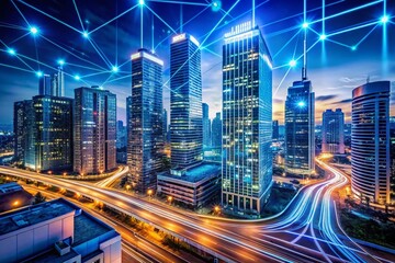 Night Photography of a Smart City with Futuristic High-Rise Buildings and Circuit Board Technology in Dark Blue