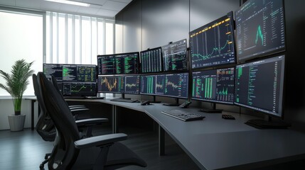 A modern cryptocurrency trading desk, sleek office with multiple monitors displaying market data, Financial style