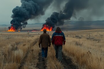 Obraz premium Two individuals walk through a field towards massive black smoke and flames from burning oil wells in a remote area during twilight