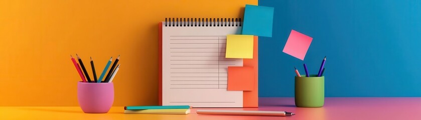 Digital notebook filled with glowing task lists and floating sticky notes, symbolizing the process of goal setting and planning, 3D illustration