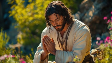 Fototapeta premium A moment of Jesus pray in a vibrant garden filled with wildflowers during a serene sunrise