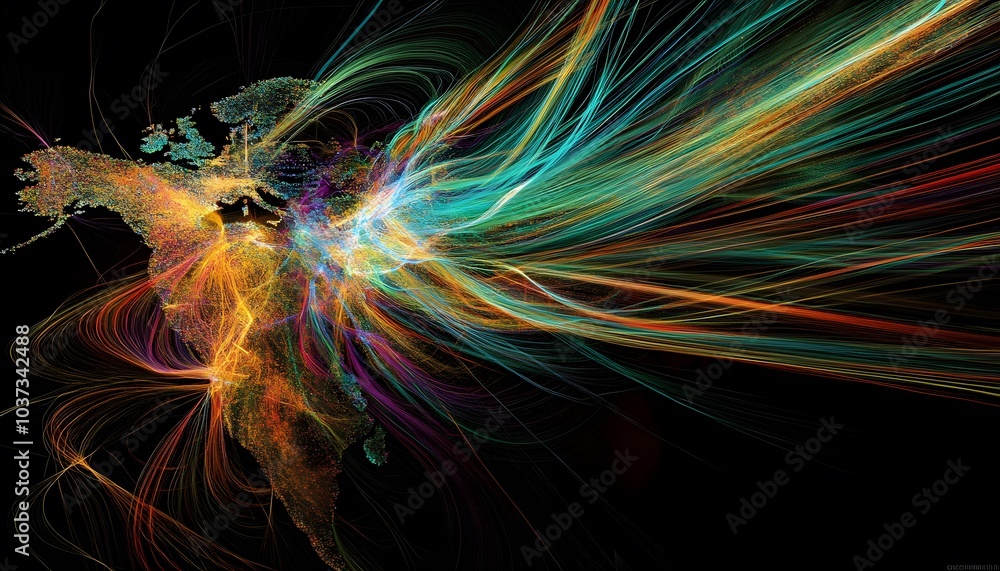 Poster A vibrant, abstract display of colorful light trails emanating from a central point against a black background, creating a sense of motion and energy.