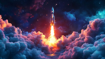 Futuristic rocket launching into space, surrounded by vibrant clouds of smoke and fire, symbolizing exploration and innovation, startup. Starship Launch. Illustration