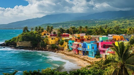 A vibrant coastal scene featuring colorful houses and lush greenery by the beach.