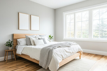 Fototapeta premium A serene bedroom featuring wooden bed frame with soft bedding, decorative pillows, and natural light streaming through large windows. minimalist decor includes plants and neutral tones, creating calmi