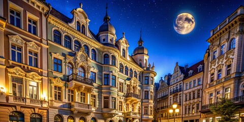 Fototapeta premium Night Photography of Jugendstil Altbauten: Captivating Architectural Elegance Under Starlit Skies