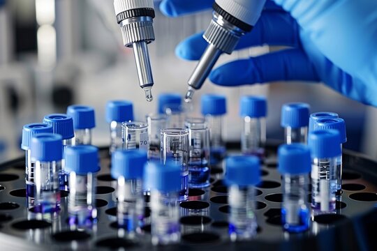 Laboratory technician dispensing liquid samples into vials during an experimental procedure in a modern lab environment