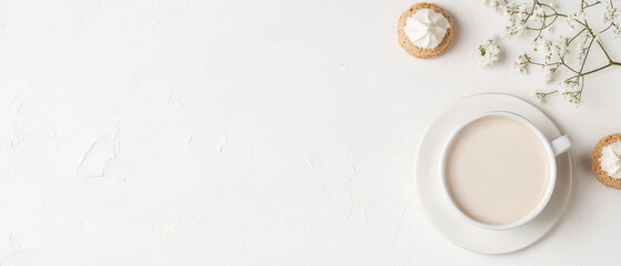 A cozy scene featuring cup of coffee, delicate flowers, and sweet treats, creating warm and inviting atmosphere perfect for relaxation