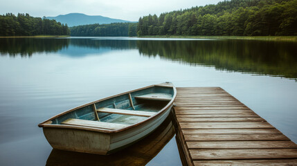serene lake scene featuring wooden dock and rowboat, surrounded by lush greenery and mountains in background, evokes sense of tranquility and peace