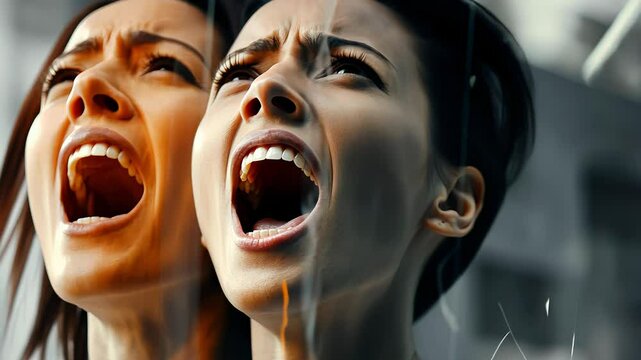 Emotional Scream: Double Exposure of a Woman Expressing Intense Emotion"