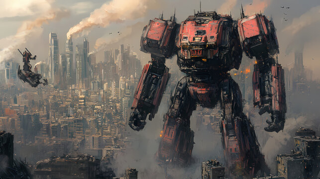 Giant mech robot standing in a future city drawn in comic book or graphic novel style. mecha battle. illustration. Mecha Robots. Illustration