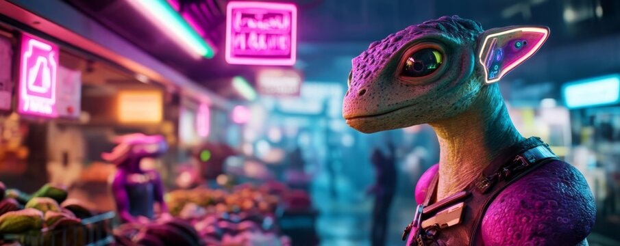 Futuristic market in alien city, holograms, neon signs, diverse alien species