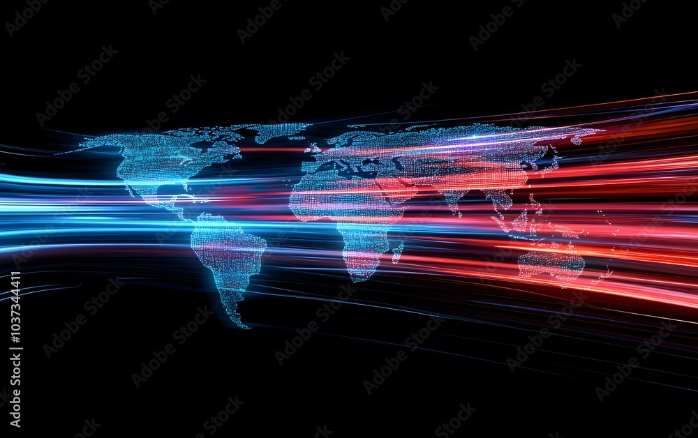 Poster a vibrant digital representation of a world map with streaks of blue and red light, symbolizing spee