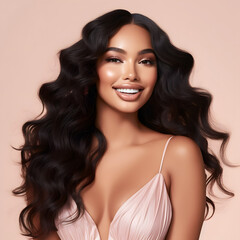 Fototapeta premium beautiful model with extra long wavy hair beautiful face smiling and posing against studio neutral background