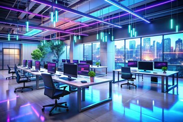 Fototapeta premium Neon Cyberpunk Open Space Office Interior, Modern IT Concept. This stunning neon cyberpunk open space office interior features modern information technology concepts, computers, and chairs. Generative