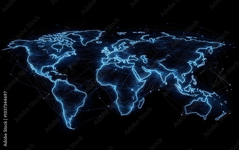 Poster a luminous world map created from glowing lines, illustrating connections and networks across contin