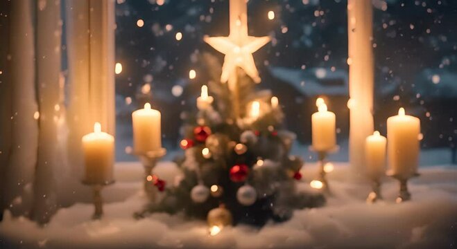 New Years entourage decorated Christmas tree gifts candles Near the window where the snow is falling 4K