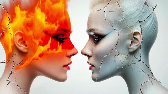 Surreal Portraits of Duality and Harmony: Fire and Ice Interplay in Cracked Symmetry