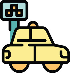 Obraz premium Yellow taxi cab waiting for passenger at the airport arrival terminal