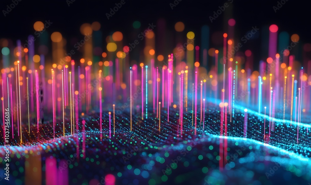Poster A vibrant digital landscape featuring colorful lines and glowing dots, representing data visualization and modern technology trends.