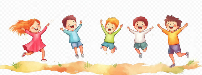 Fototapeta premium Cute cartoon children's drawing of many happy kids holding hands and jumping, white background, colorful , simple hand drawn style, Ai
