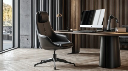 Sleek office setup featuring a modern chair and computer on a stylish desk.