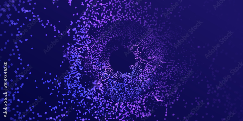 Poster ai technology round tunnel blurred particles dots banner. big data neon hole background. artificial 