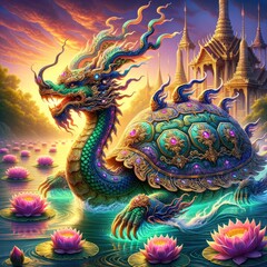 Obraz premium Majestic Mythical Turtle-Dragon: A Regal Creature with Ornate Jewel-Encrusted Shell Gliding Through a Lotus-Filled Lake Under a Glowing Sunset in a Mystical Landscape