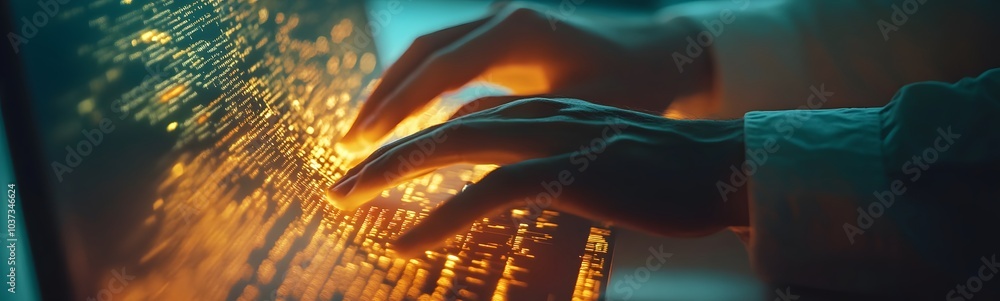 Aufkleber a person's hands interact with a glowing keyboard, creating a vibrant light effect, symbolizing tech