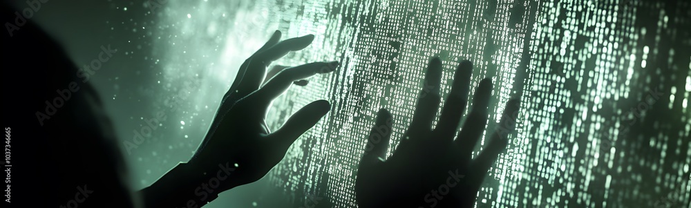 Poster a close-up of hands reaching towards a glowing digital surface, creating an ethereal, interactive ex