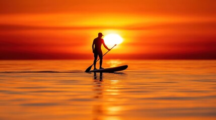 A lone paddler enjoying the tranquil sunset reflections on calm waters during a peaceful evening