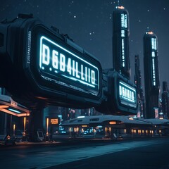 Interstellar transport hub, spacecraft, holographic signage, alien city backdrop