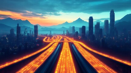 Fototapeta premium Sci-fi cityscape on alien world, vast skyscrapers, glowing highways, alien mountains in distance
