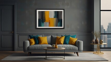 Bean bag chair in corner. Scandinavian, boho interior design of modern living room.
