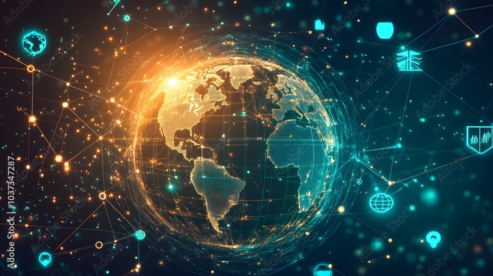 Poster A digital representation of Earth interconnected with glowing data points, symbolizing global technology and information connectivity.