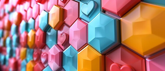 Colorful hexagonal tiles with heart shapes a stunning visual of love and geometry for modern design enthusiasts