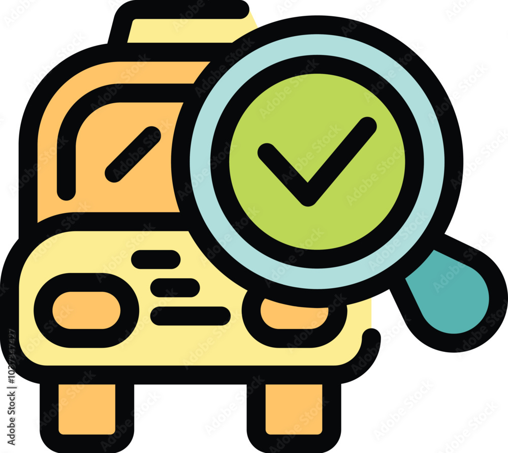 Poster magnifying glass with a check mark is hovering over a bus, showing its successful inspection and app