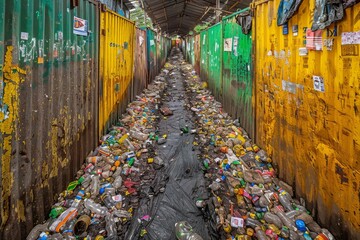 Fototapeta premium A narrow pathway through a waste-filled alley between colorful shipping containers in an urban environment during daylight