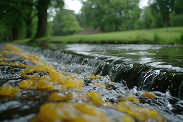 Fototapeta premium A serene stream flows gently through a lush green landscape adorned with bright yellow petals in mid-spring
