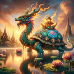 Fototapeta premium Majestic Mythical Turtle-Dragon: A Regal Creature with Ornate Jewel-Encrusted Shell Gliding Through a Lotus-Filled Lake Under a Glowing Sunset in a Mystical Landscape