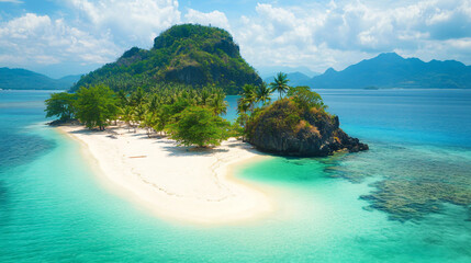 A picturesque island with white sandy beaches, surrounded by turquoise waters and lush palm trees.